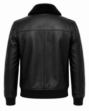 Classic black leather flight jacket with rib-knit collar