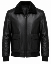Men Casual Black Leather Flight Jacket front view