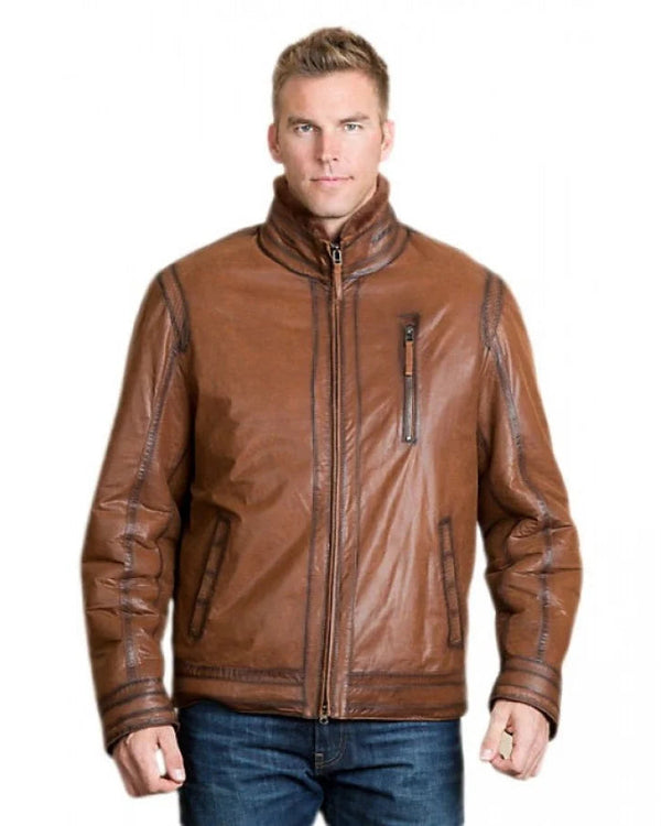Men's brown leather jacket with zipper cuffs
