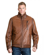 Men's brown leather jacket with zipper cuffs