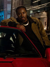 Shameik Moore brown suede bomber jacket front view