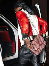 Rema Dubai 2026 red and white bomber leather jacket