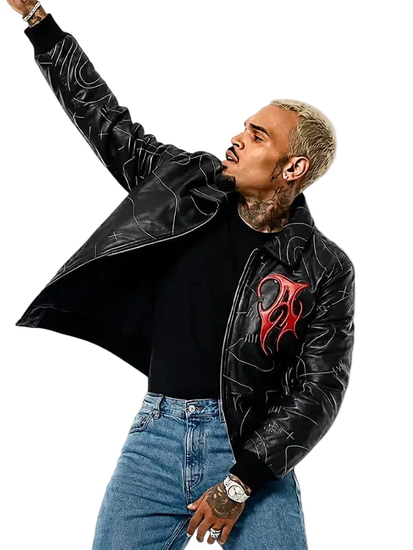 Chris Brown Auracles x Pele-Pele Topography Black Leather Bomber Jacket