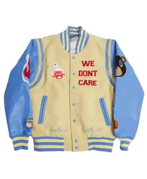 College Dropout We Don't Care Varsity Jacket in cream and blue
