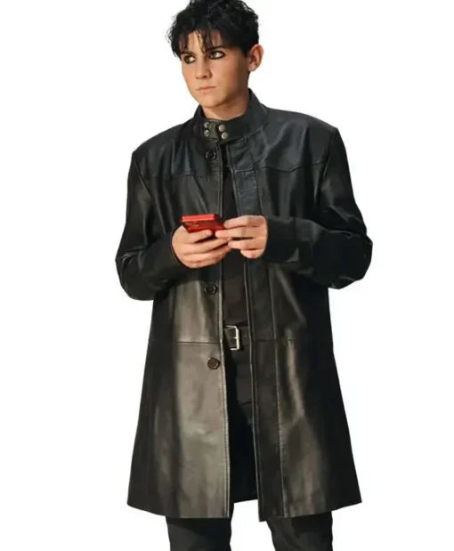 Cooper Turner Trying S05 Black Leather Coat with snap-tab collar