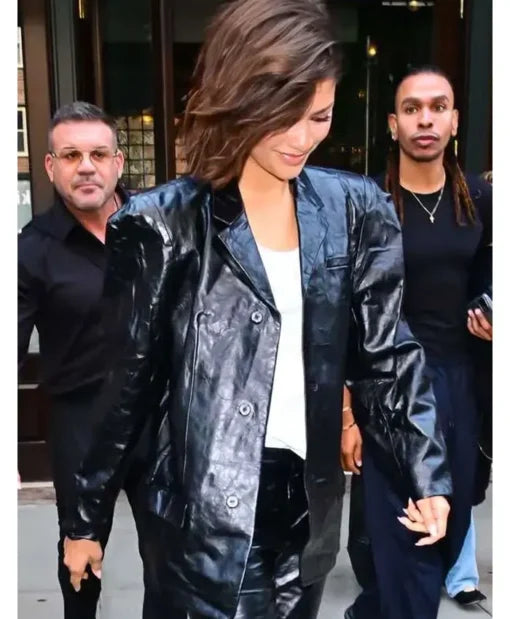 Black leather blazer worn by Zendaya during The Odyssey Press Tour