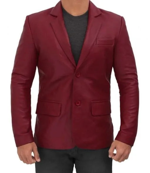 men's maroon lambskin leather blazer jacket