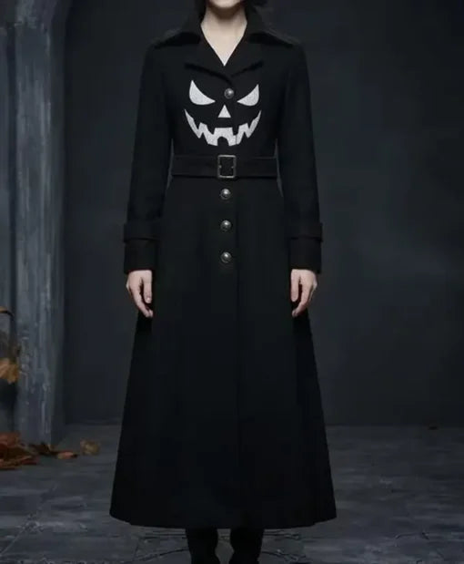 Gothic Pumpkin Black Wool Coat with lapel collar