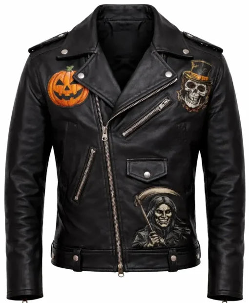 Halloween Grim Reaper Biker Jacket with lapel collar and zipper closure