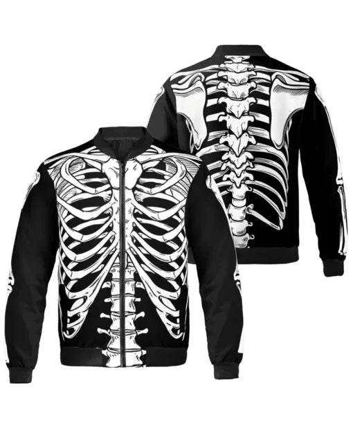 Halloween 3D Ribcage Bomber Jacket with zipper closure