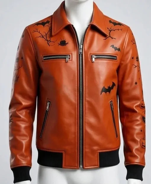 Halloween Haunted Castle Leather Jacket with shirt collar and zipper closure