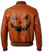 Jack-o-Lantern Leather Bomber Jacket with ribbed collar