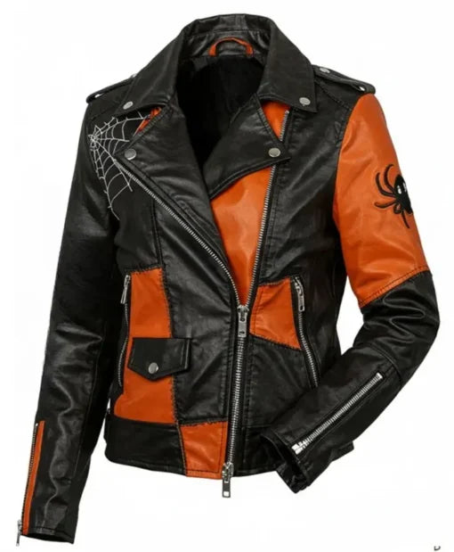 Halloween Patchwork Leather Biker Jacket in black and orange