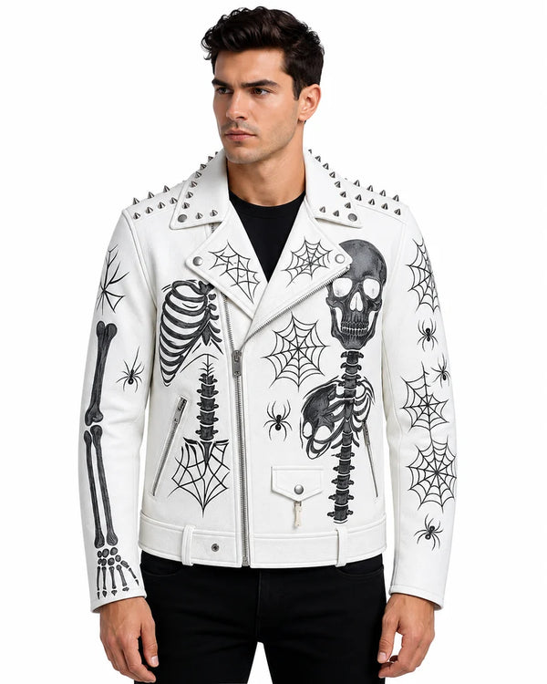 White biker jacket featuring skull and spine artwork