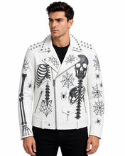 White biker jacket featuring skull and spine artwork