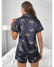 Black satin leopard print two-piece pajamas