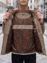 Men's Taupe Suede Leather Jacket with Premium Paisley Print Lining | Real Leather Stand Collar & Trimmed Zip Jacket