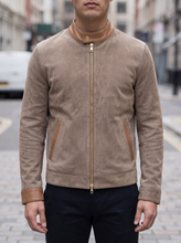 Men's Taupe Suede Leather Jacket with Premium Paisley Print Lining | Real Leather Stand Collar & Trimmed Zip Jacket