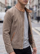 Men's Taupe Suede Leather Jacket with Premium Paisley Print Lining | Real Leather Stand Collar & Trimmed Zip Jacket