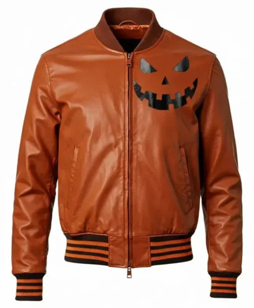 Orange leather bomber jacket inspired by Halloween