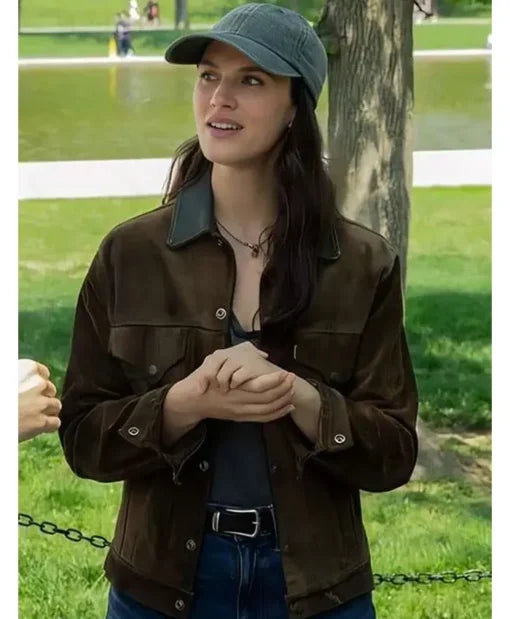 Jessica Brown Findlay Brown Suede Jacket with shirt collar