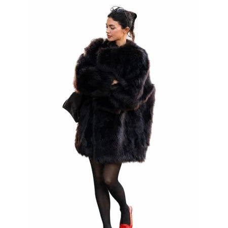 Women's brown faux fur winter coat with button closure