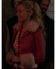 Lexi Minetree red leather jacket with shearling collar