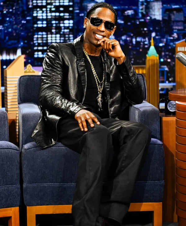 Black leather blazer with peak lapel collar inspired by Travis Scott