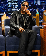 Black leather blazer with peak lapel collar inspired by Travis Scott