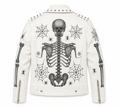 Handmade White Studded Skull and Spine Leather Biker Jacket