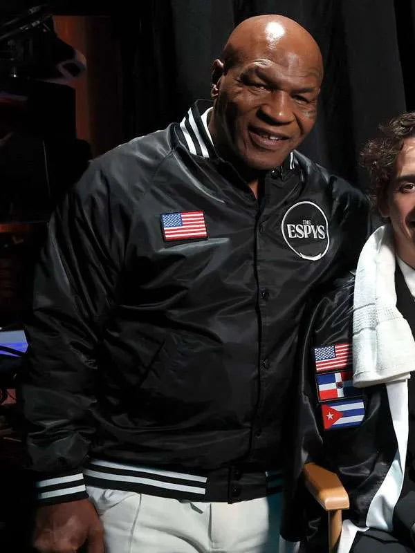 Celebrity style black bomber jacket worn by Mike Tyson