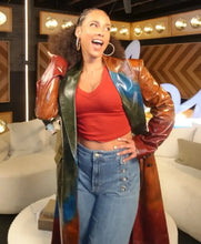 Alicia Keys long leather coat with lapel collar