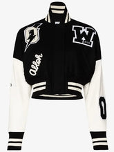 Off  Black and White Cropped Bomber Wool Varsity Jacket