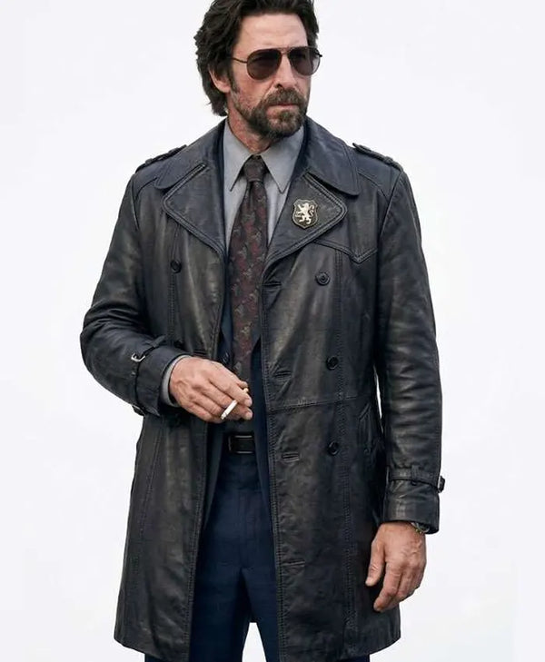 Motor City Pablo Schreiber Black Leather Coat full-length style