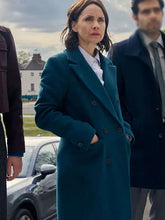 Laura Fraser blue wool coat in Patience 2025