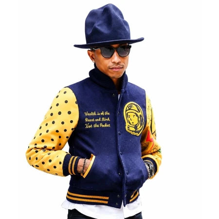 Pharrell Williams navy blue yellow varsity jacket