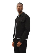 Men's black denim trucker jacket with button front