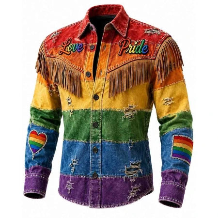 Multicolor western fringe denim jacket with Pride patches