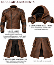 Men’s Brown Leather Modular Hooded Duster Coat – Detachable Hood & Lower Duster, Gothic Biker Jacket