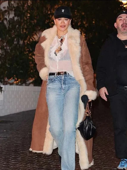 Rita Ora LA 2026 Brown Suede Leather Coat