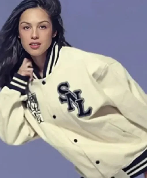 Olivia Rodrigo SNL Bomber Jacket in white cotton