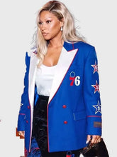 Elegant blue blazer with lapel collar inspired by Savannah James