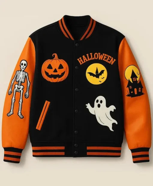 Halloween Skeleton Haunted Pumpkin House varsity jacket