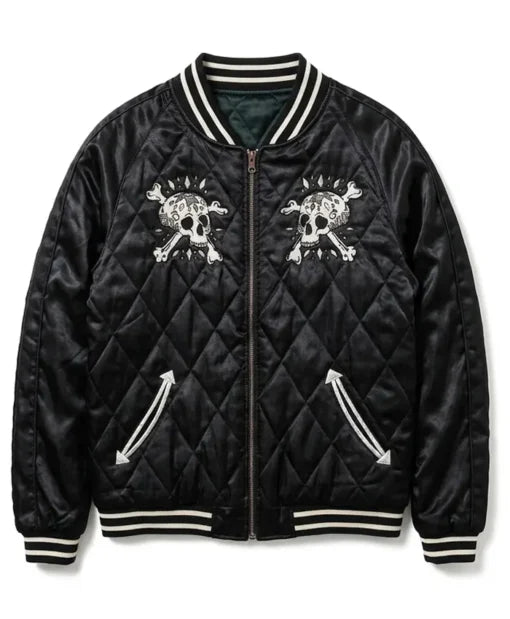 Skull and Crossbone Quilted Black Jacket with zipper closure