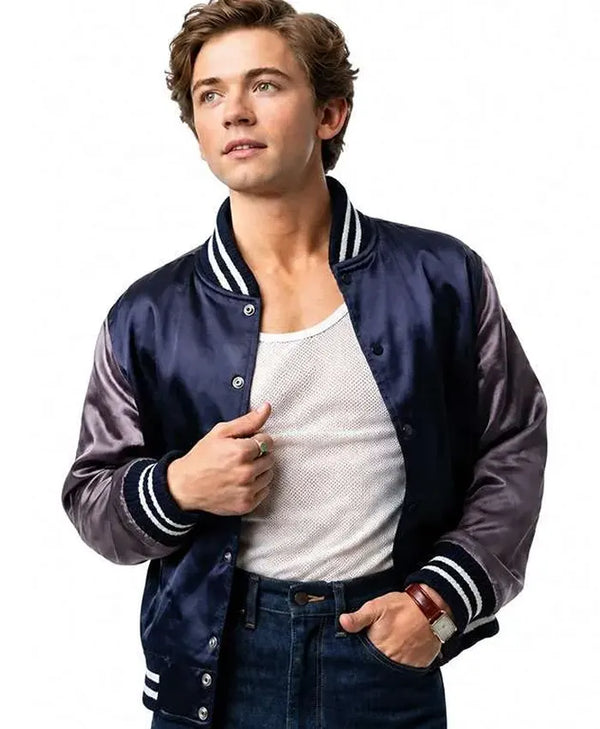 Igby Rigney The Shards satin bomber jacket in navy blue and grey