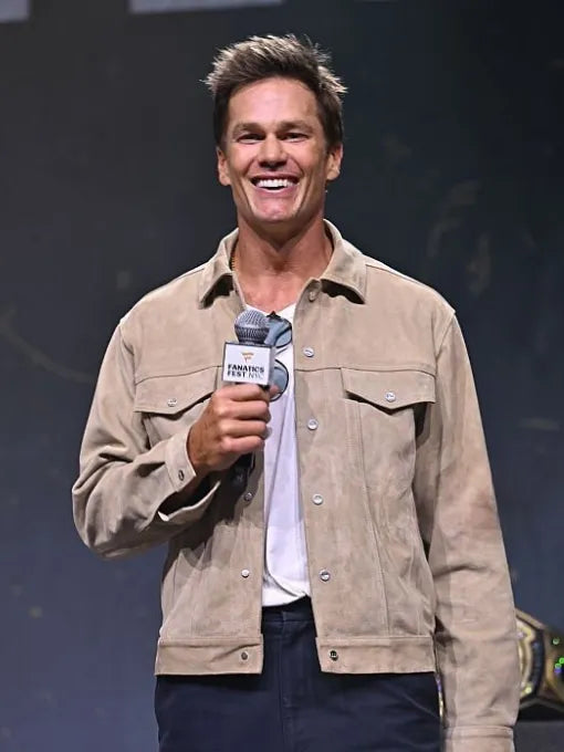 Tom Brady celebrity-inspired suede jacket with chest poc