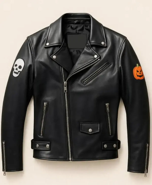 Real leather Halloween biker jacket front view