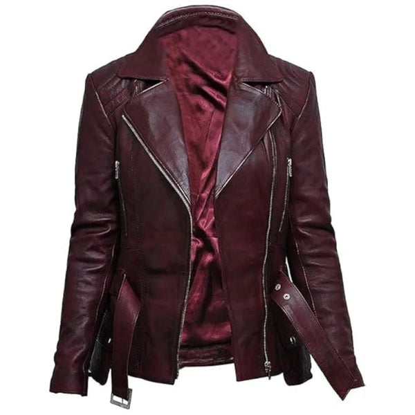 Burgundy leather moto jacket with zipper details and belt, stylish women's outerwear for trendy looks