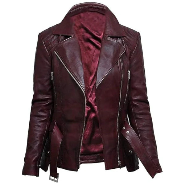 Burgundy leather moto jacket with zipper details and belt, stylish women's outerwear for trendy looks