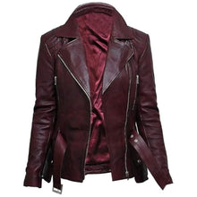 Burgundy leather moto jacket with zipper details and belt, stylish women's outerwear for trendy looks